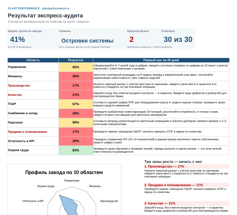 Результат экспресс-аудита: индекс зрелости, уровень, профиль и первый шаг по каждой области. Условные данные